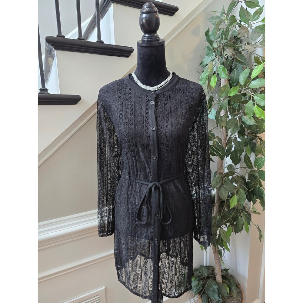 Luxe Moda Shirt Dress XL Black Floral Lace Tie Waist Curved Hem Sheer Cover-Up